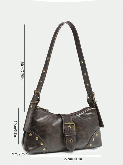 Retro Maillard Soft, Aged, Brushed, Artificial Leather Motorcycle Packaging Decoration Shoulder Underarm Bag, French Stick Bag, Square Bag