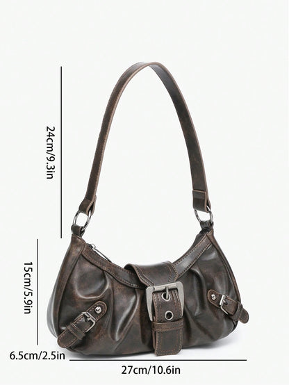 Retro Maillard Soft, Aged, Brushed, Artificial Leather Motorcycle Packaging Decoration Shoulder Underarm Bag, French Stick Bag, Square Bag, Vintage Look