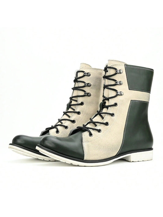 Retro Men's British Style High Top Colorblock Men's Boots Lace-Up Side Zipper Cowboy Boots