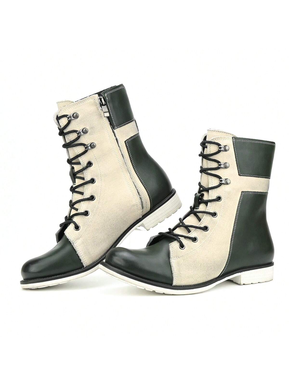 Retro Men's British Style High Top Colorblock Men's Boots Lace-Up Side Zipper Cowboy Boots