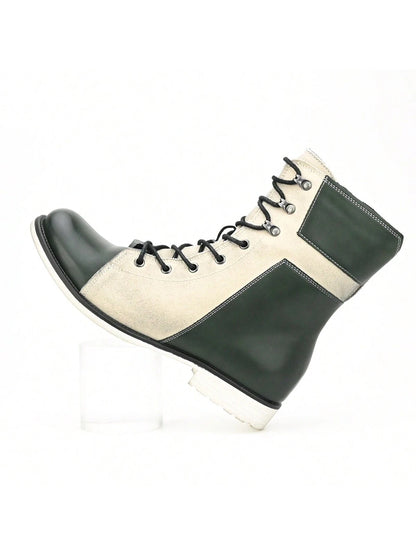 Retro Men's British Style High Top Colorblock Men's Boots Lace-Up Side Zipper Cowboy Boots