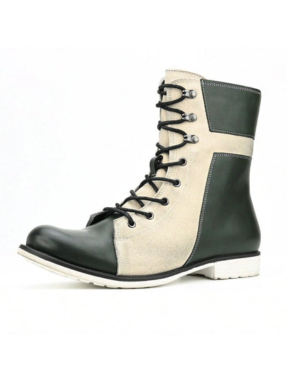 Retro Men's British Style High Top Colorblock Men's Boots Lace-Up Side Zipper Cowboy Boots