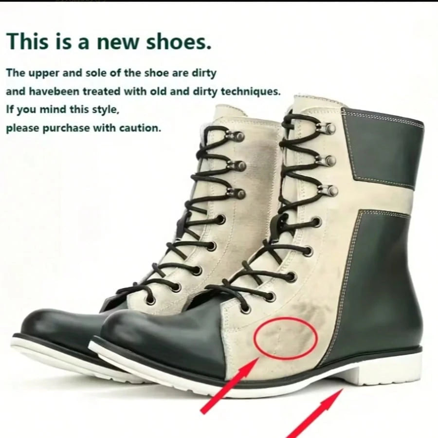 Retro Men's British Style High Top Colorblock Men's Boots Lace-Up Side Zipper Cowboy Boots