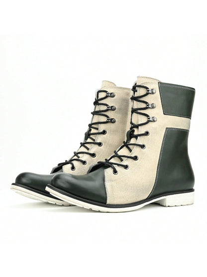 Retro Men's British Style High Top Colorblock Men's Boots Lace-Up Side Zipper Cowboy Boots