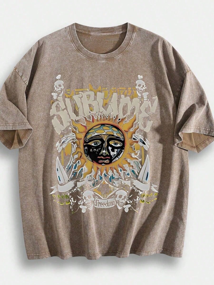 Retro Un Face Kull Print, 's T-Hirt, UBLIM Band Tyle Free Theme Loose Hort Leeved Hirt Vintage Tyle