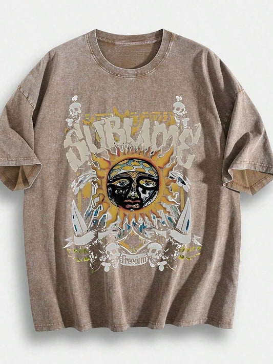 Retro Un Face Kull Print, 's T-Hirt, UBLIM Band Tyle Free Theme Loose Hort Leeved Hirt Vintage Tyle