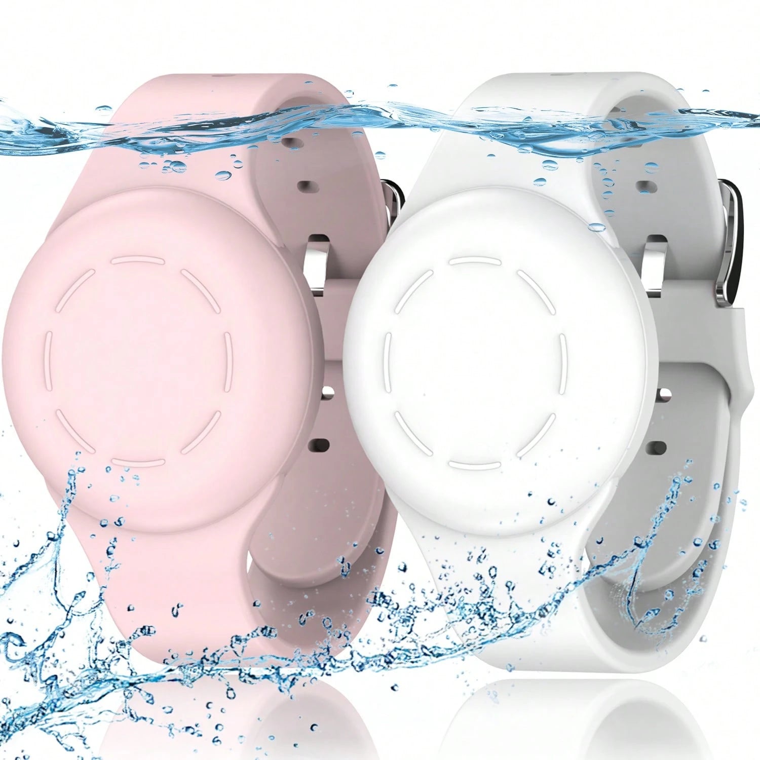 RFUNGUANGO Waterproof For Air Tag Bracelets [2 Pack] Compatible With Apple Air Tag Finders With Soft Silicone,Anti Lost GPS Item Finders Case Cover,Night White/Pink