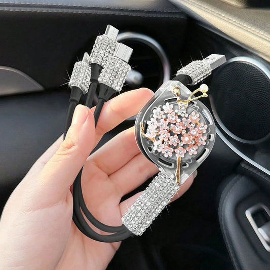 Rhinestone Bling Bling Car Charger, Diamond Black 3-In-1 Retractable Charging Cable, USB Charging Cable, Fast Charging, Cute 3-In-1 Fast Charging Cable, Suitable For Women, Compatible With Apple, Etc.
