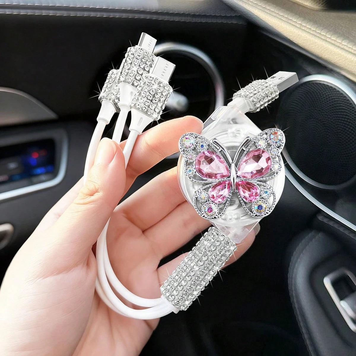 Rhinestone Bling Bling Car Charger, Diamond Black 3-In-1 Retractable Charging Cable, USB Charging Cable, Fast Charging, Cute 3-In-1 Fast Charging Cable, Suitable For Women, Compatible With Apple, Etc.