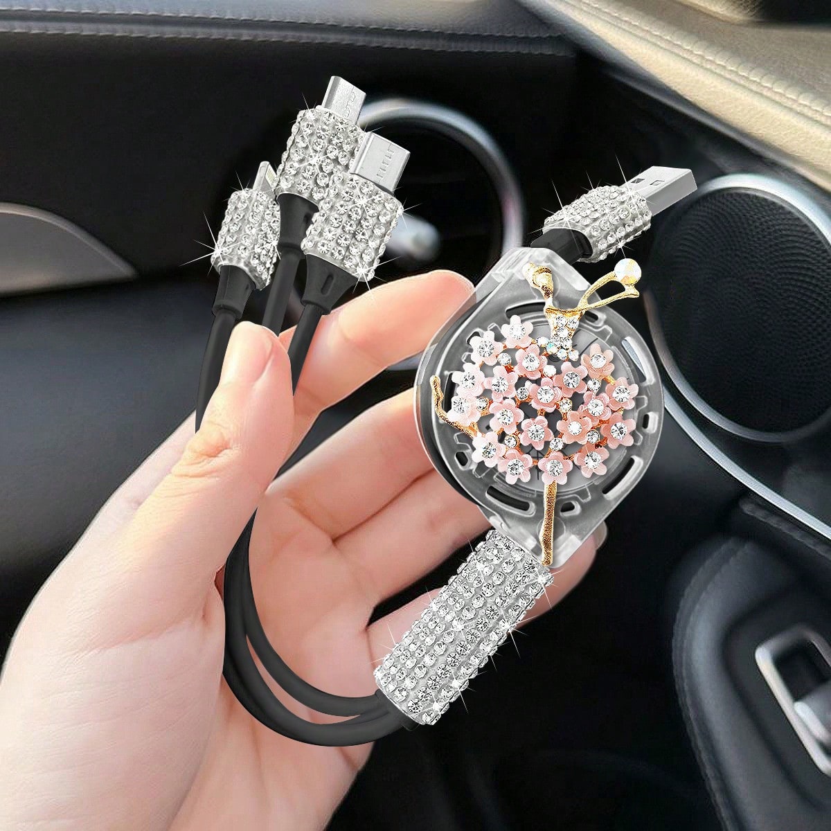 Rhinestone Bling Bling Car Charger, Diamond Black 3-In-1 Retractable Charging Cable, USB Charging Cable, Fast Charging, Cute 3-In-1 Fast Charging Cable, Suitable For Women, Compatible With Apple, Etc.