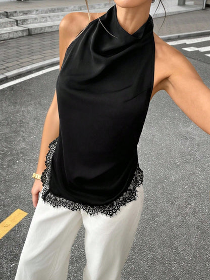 Ritzy Row Women's Black Silk Halter Top,Lace Hem,Open Back,Seksi Chic,Date Night,Summer Fashionable Vest,Casual Commuter Business Office Wear,Graduation Attire