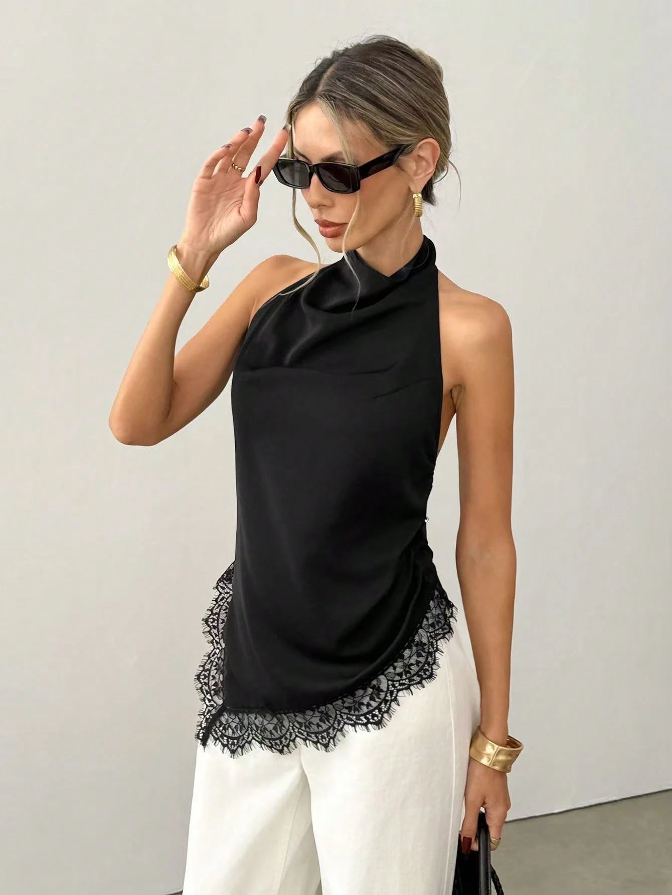 Ritzy Row Women's Black Silk Halter Top,Lace Hem,Open Back,Seksi Chic,Date Night,Summer Fashionable Vest,Casual Commuter Business Office Wear,Graduation Attire
