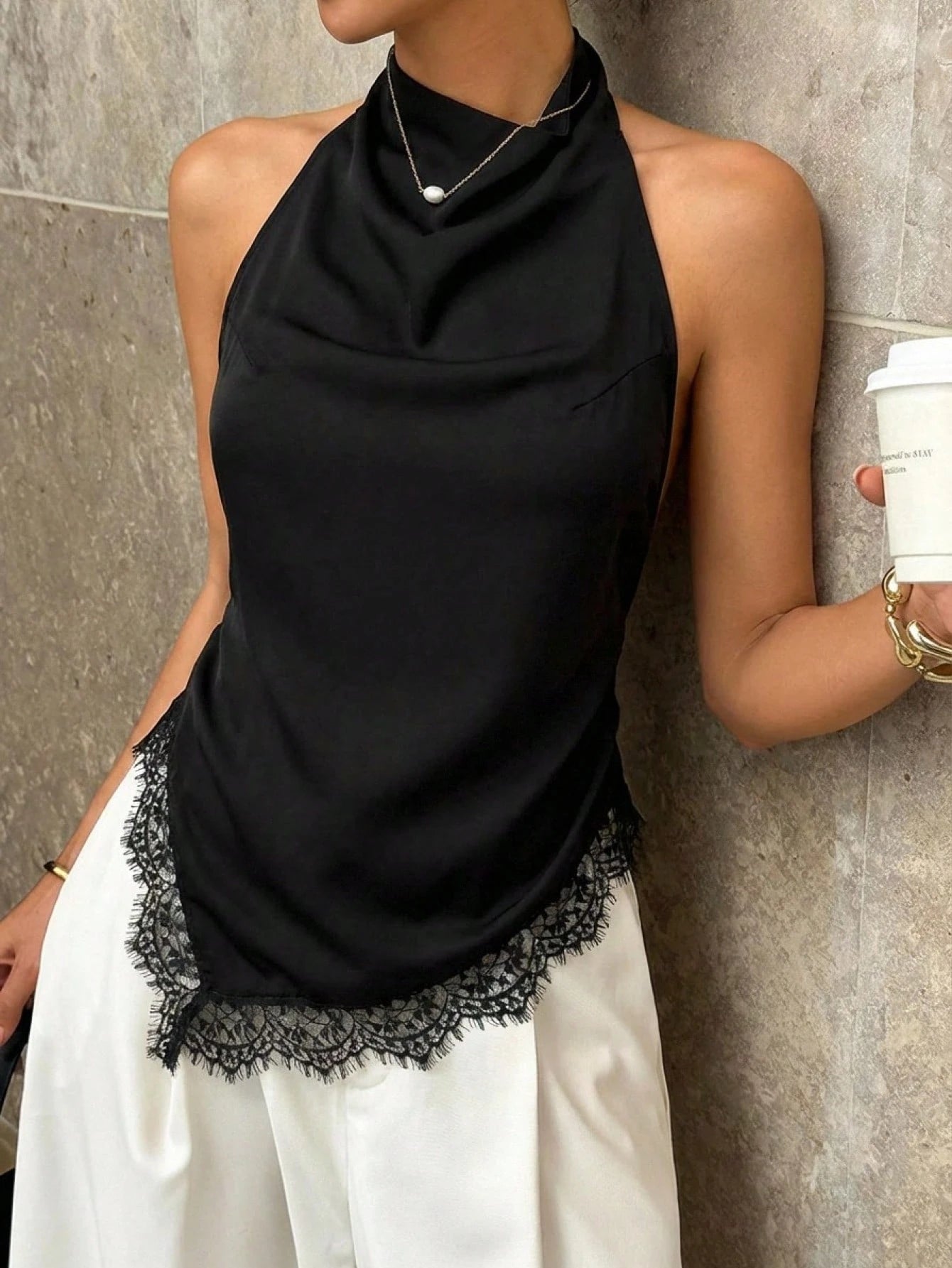 Ritzy Row Women's Black Silk Halter Top,Lace Hem,Open Back,Seksi Chic,Date Night,Summer Fashionable Vest,Casual Commuter Business Office Wear,Graduation Attire