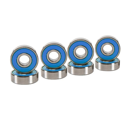 Set of five metal bearings with blue rubber seals on a white background