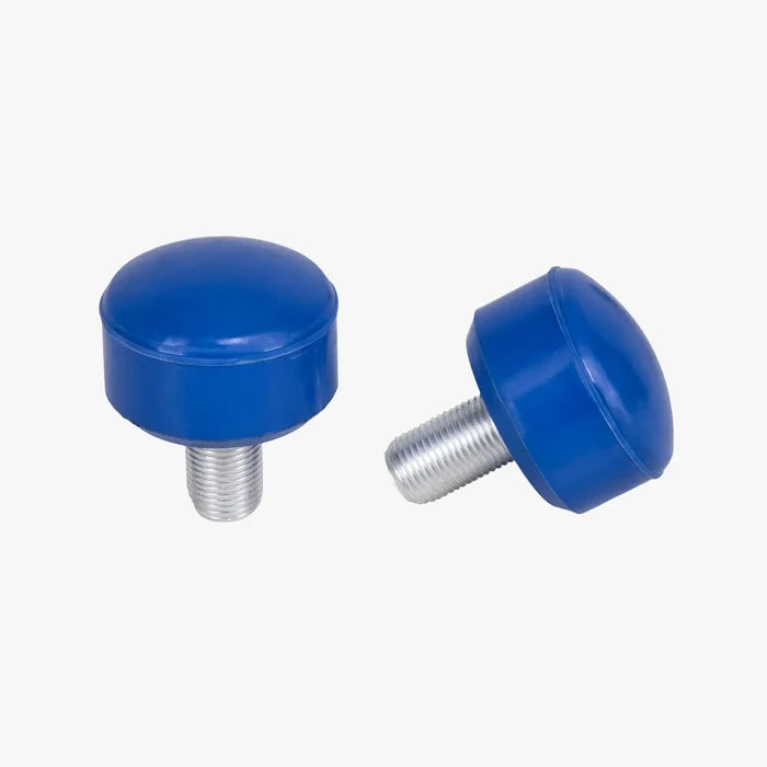 Two blue knobs with metal screws on a white background