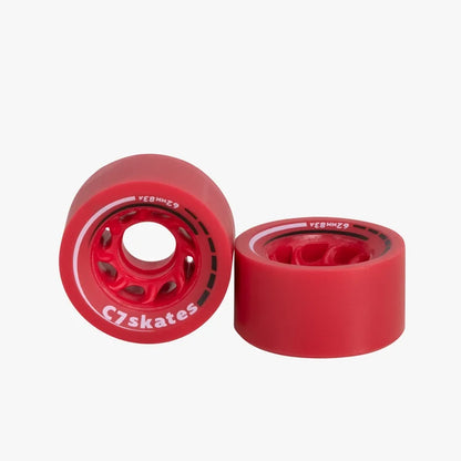 Two red roller skate wheels with 'C7 Skates' branding on a white background