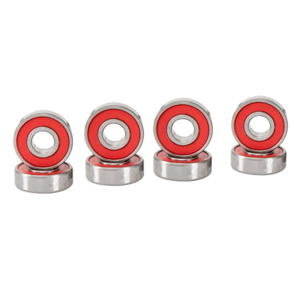 Set of five red and silver bearings on a white background