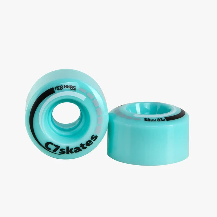 Two turquoise roller wheels with black text on a white background