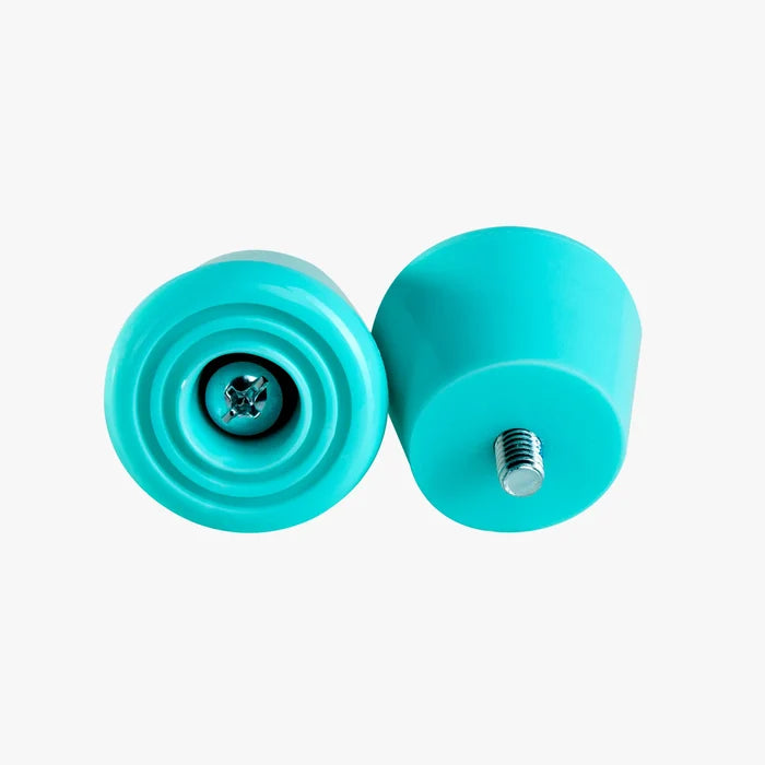 Two turquoise roller stoppers with black text on a white background