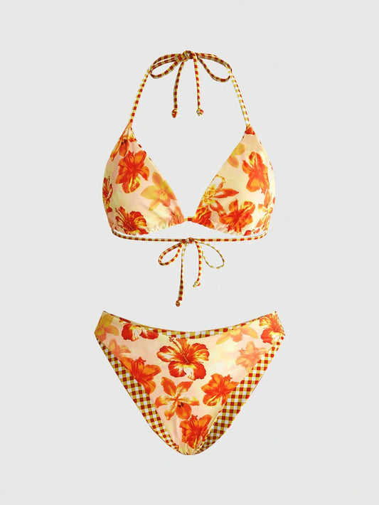 ROMWE Avant 2026 New Fashionable & Elegant Floral Print Lace-Up Bikini Swimwear 2-Piece Set, Suitable For Spring/Summer Beach, Resort, Spa, Pool Swimming, Party Vacation