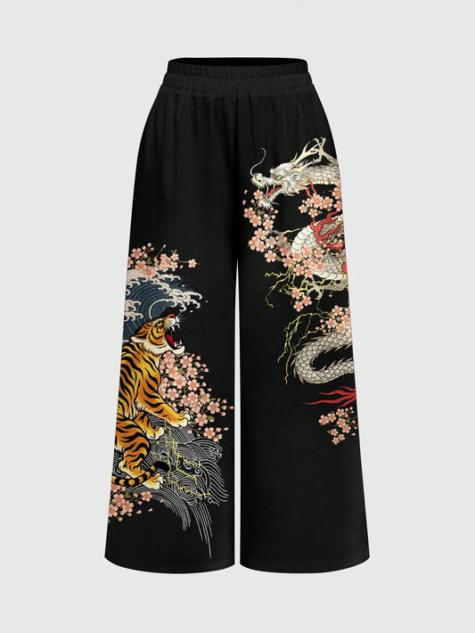 ROMWE Avant Music Festival Dark Punk Tiger & Dragon Sakura Print Wide Leg Pants For Women