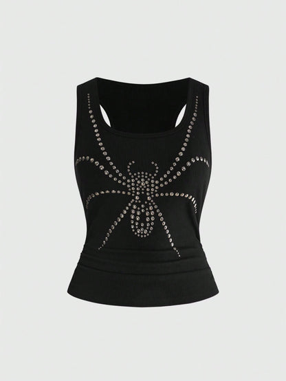 ROMWE Grunge Punk Plus Size Women's Y2K Punk Exaggerated Spider Rivet Halter Tank Top