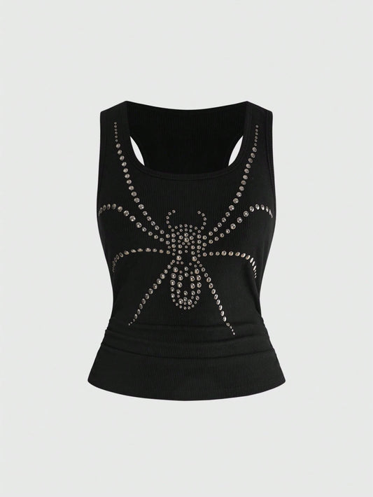 ROMWE Grunge Punk Plus Size Women's Y2K Punk Exaggerated Spider Rivet Halter Tank Top