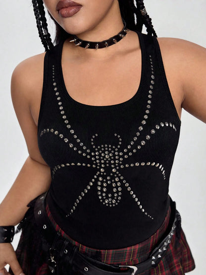 ROMWE Grunge Punk Plus Size Women's Y2K Punk Exaggerated Spider Rivet Halter Tank Top