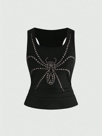 ROMWE Grunge Punk Plus Size Women's Y2K Punk Exaggerated Spider Rivet Halter Tank Top