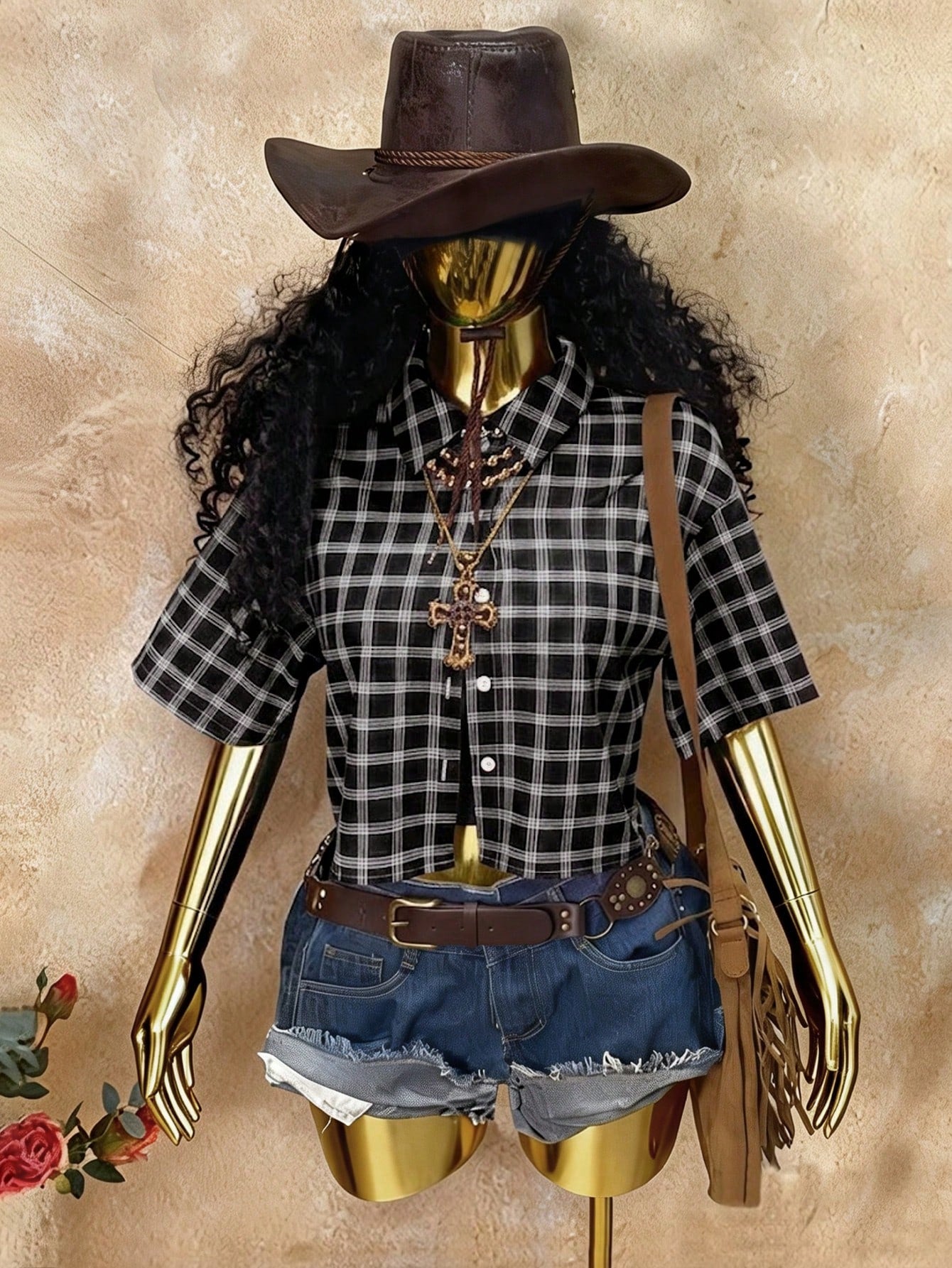 Rovax Women's Vintage Black Plaid Short-Sleeve Shirt; Y2K Style, Streetwear, Casual, Back-To-School.
