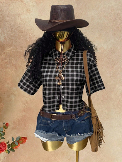Rovax Women's Vintage Black Plaid Short-Sleeve Shirt; Y2K Style, Streetwear, Casual, Back-To-School.
