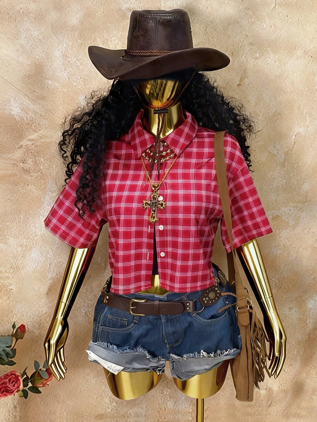 Rovax Women's Vintage Black Plaid Short-Sleeve Shirt; Y2K Style, Streetwear, Casual, Back-To-School.