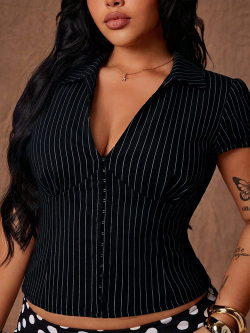 Rustia Black Striped Premium Feel Lapel Slim Fit Short Sleeve Shirt Summer New Design Button-Up Versatile Top