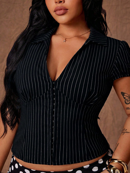Rustia Black Striped Premium Feel Lapel Slim Fit Short Sleeve Shirt Summer New Design Button-Up Versatile Top