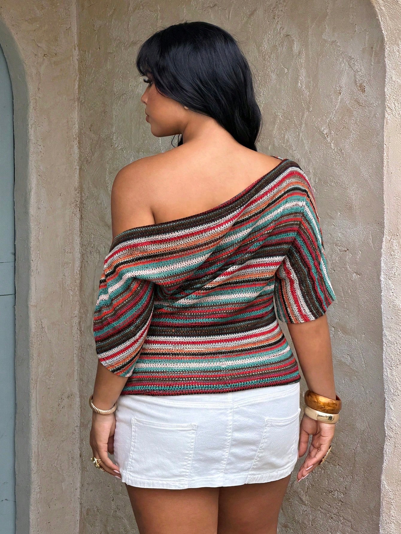 Rustia Plus Size Spring/Summer One Shoulder Short Sleeve Textured Knit Faux Knitted Sweater Top Colorful Striped Elegant Vintage Vacation Casual Beach Plus Size Women's T-Shirt