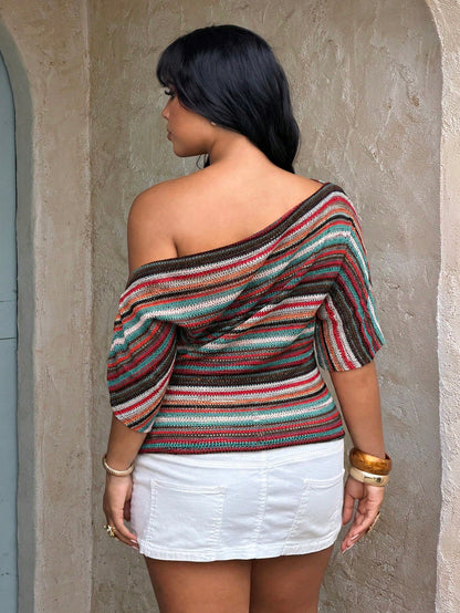 Rustia Plus Size Spring/Summer One Shoulder Short Sleeve Textured Knit Faux Knitted Sweater Top Colorful Striped Elegant Vintage Vacation Casual Beach Plus Size Women's T-Shirt