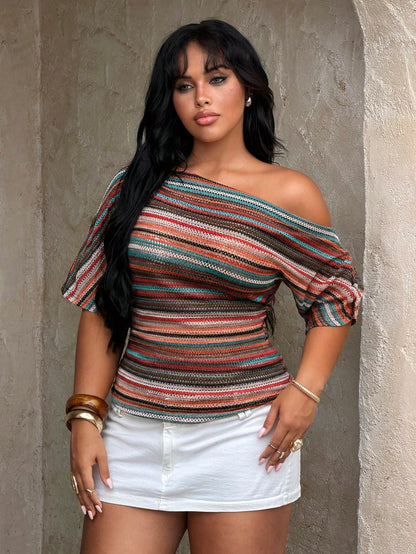 Rustia Plus Size Spring/Summer One Shoulder Short Sleeve Textured Knit Faux Knitted Sweater Top Colorful Striped Elegant Vintage Vacation Casual Beach Plus Size Women's T-Shirt