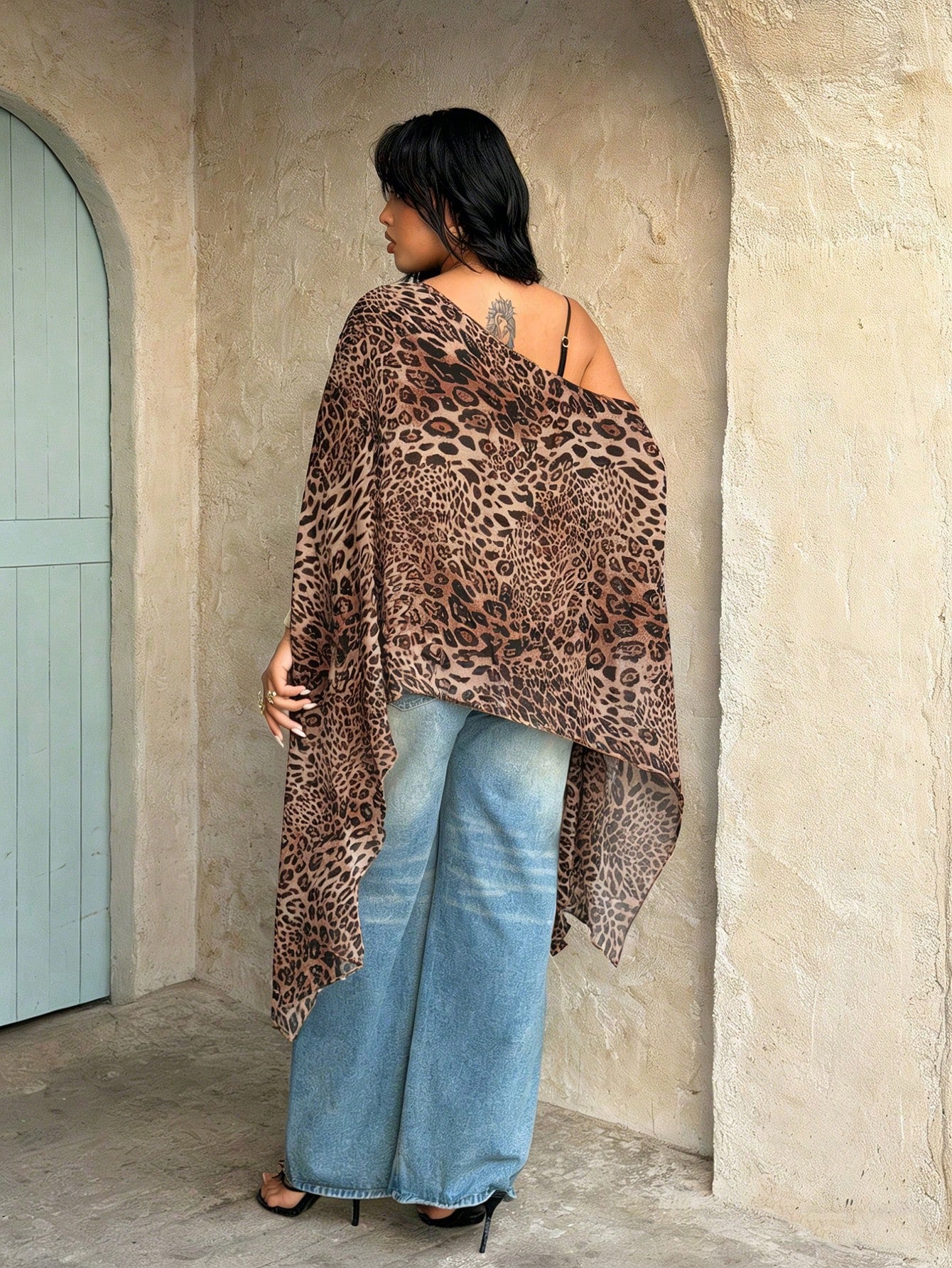 Rustia Plus Size Women's Brown Print Asymmetrical Semi-Sheer Chiffon Blouse Shawl Autumn Boho Sexy Night Out Gym Holiday Vacation Elegant Concert Top Fall
