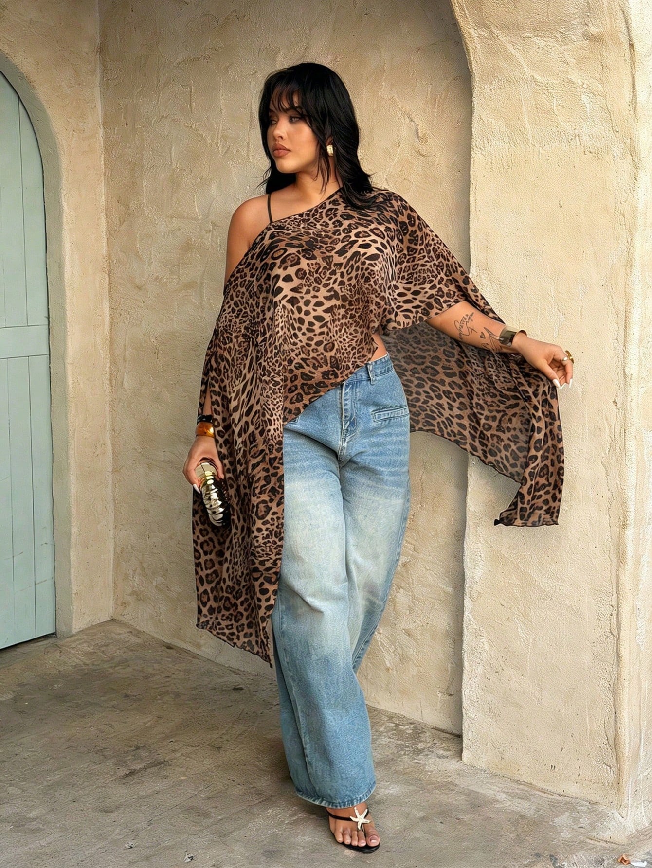 Rustia Plus Size Women's Brown Print Asymmetrical Semi-Sheer Chiffon Blouse Shawl Autumn Boho Sexy Night Out Gym Holiday Vacation Elegant Concert Top Fall