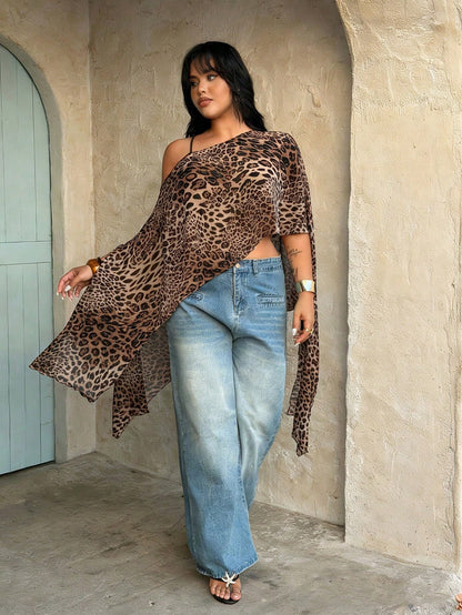 Rustia Plus Size Women's Brown Print Asymmetrical Semi-Sheer Chiffon Blouse Shawl Autumn Boho Sexy Night Out Gym Holiday Vacation Elegant Concert Top Fall