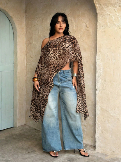 Rustia Plus Size Women's Brown Print Asymmetrical Semi-Sheer Chiffon Blouse Shawl Autumn Boho Sexy Night Out Gym Holiday Vacation Elegant Concert Top Fall