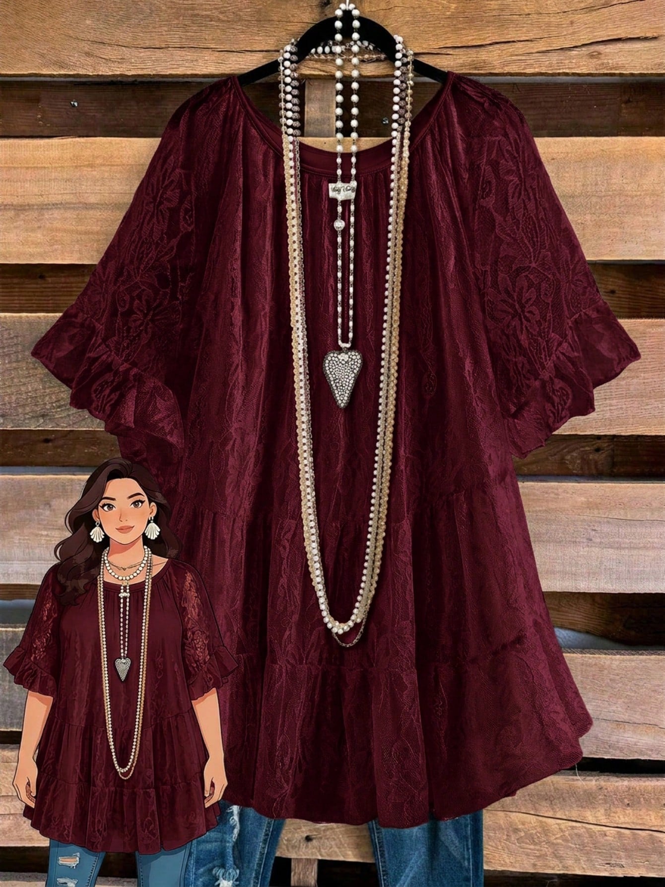 Rusticease Plus Size Women's Solid Color Ruffle Trim Half Sleeve Round Neck Draped Top Evening Burgundy Summer Elegant Fall Clothes Country Clothing