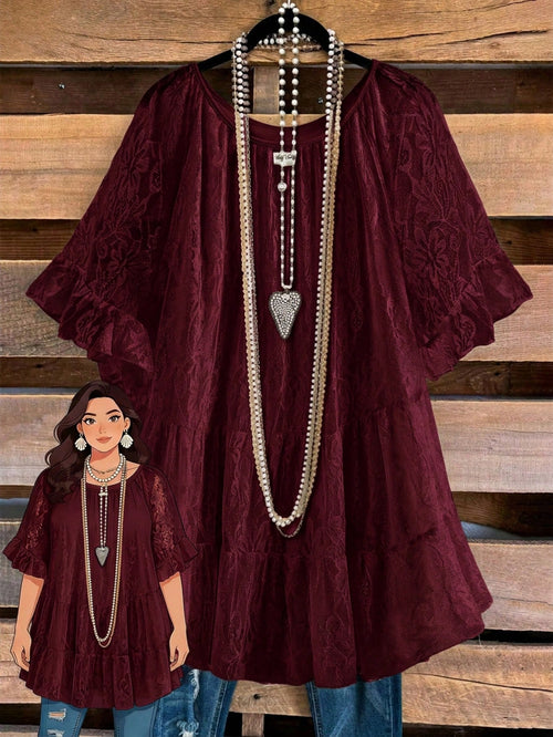 Rusticease Plus Size Women's Solid Color Ruffle Trim Half Sleeve Round Neck Draped Top Evening Burgundy Summer Elegant Fall Clothes Country Clothing