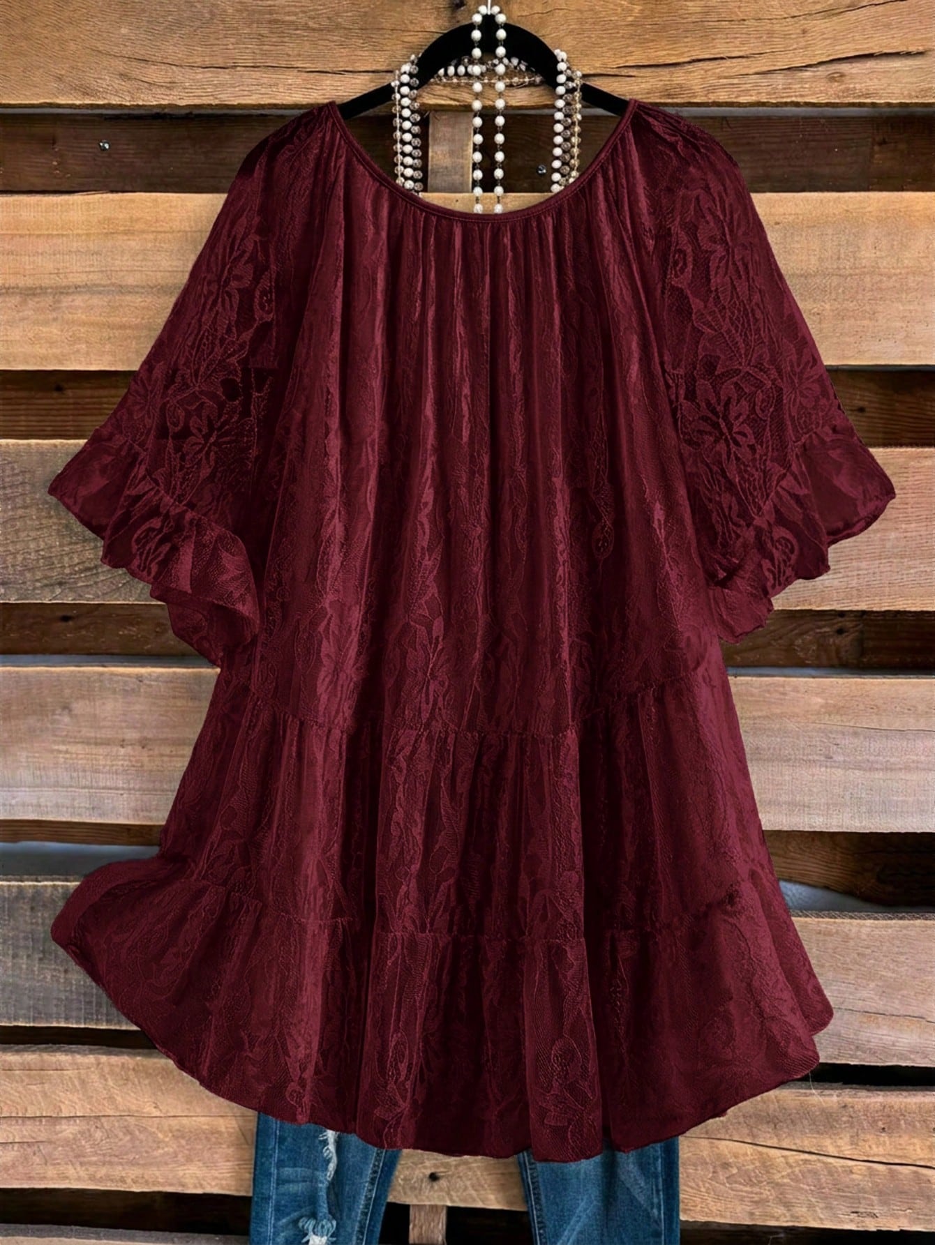 Rusticease Plus Size Women's Solid Color Ruffle Trim Half Sleeve Round Neck Draped Top Evening Burgundy Summer Elegant Fall Clothes Country Clothing