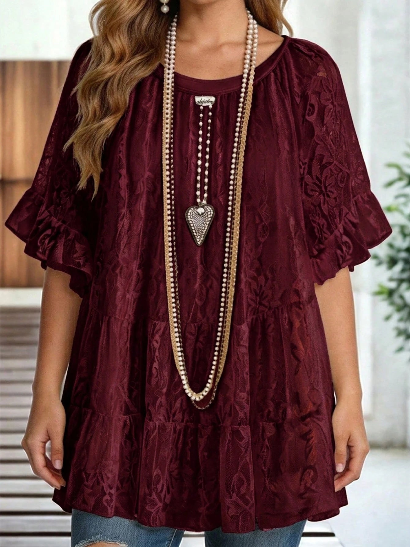 Rusticease Plus Size Women's Solid Color Ruffle Trim Half Sleeve Round Neck Draped Top Evening Burgundy Summer Elegant Fall Clothes Country Clothing