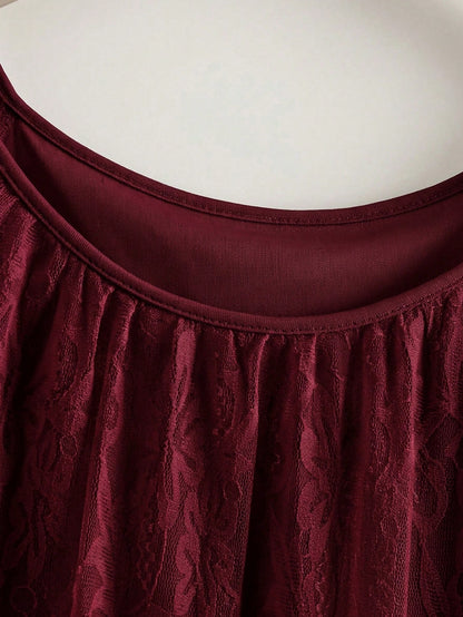 Rusticease Plus Size Women's Solid Color Ruffle Trim Half Sleeve Round Neck Draped Top Evening Burgundy Summer Elegant Fall Clothes Country Clothing