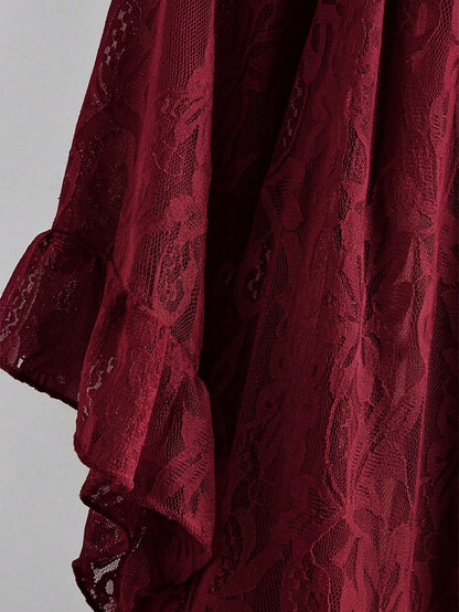 Rusticease Plus Size Women's Solid Color Ruffle Trim Half Sleeve Round Neck Draped Top Evening Burgundy Summer Elegant Fall Clothes Country Clothing