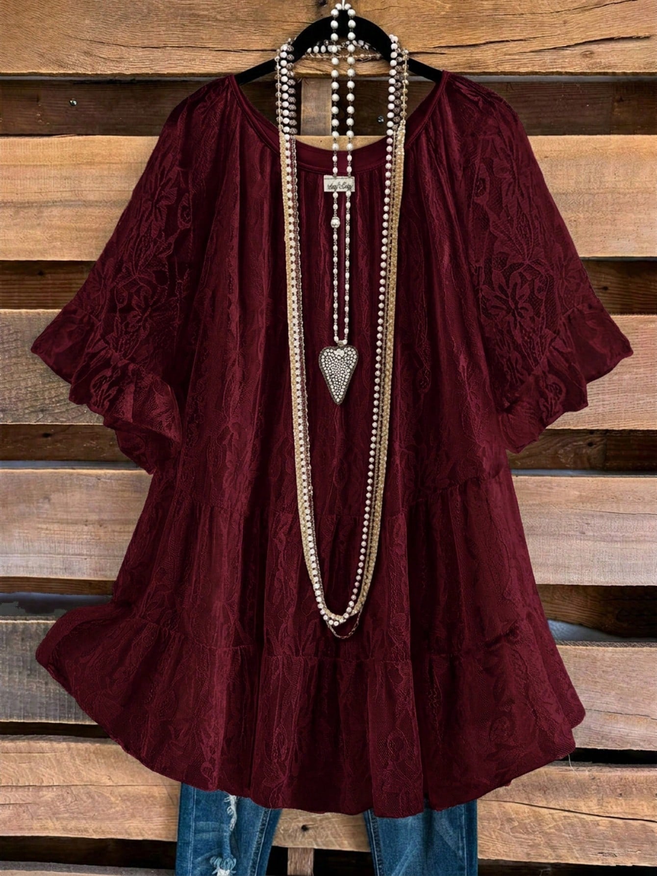Rusticease Plus Size Women's Solid Color Ruffle Trim Half Sleeve Round Neck Draped Top Evening Burgundy Summer Elegant Fall Clothes Country Clothing