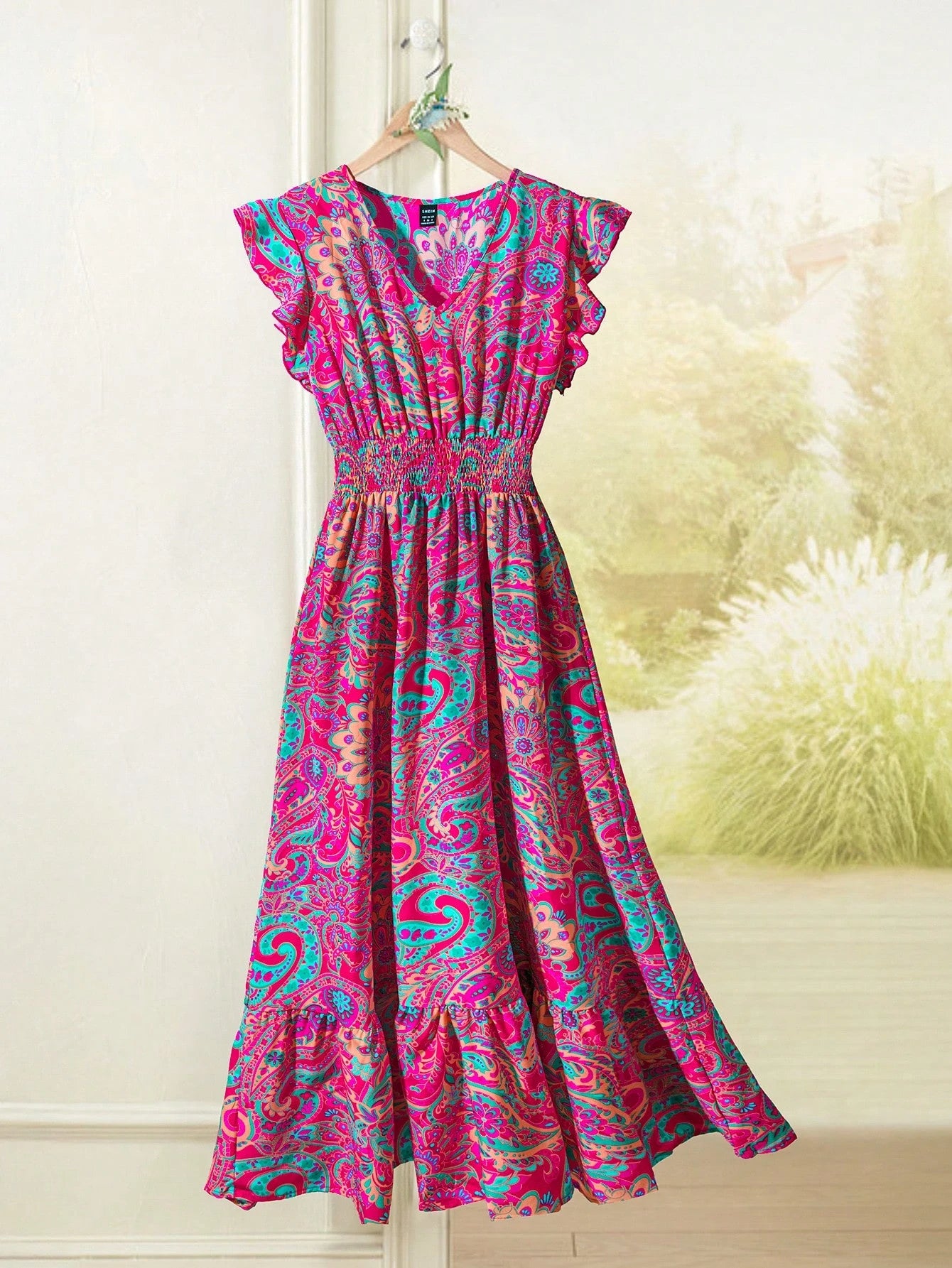Rusticease Women's Casual Printed V-Neck Summer Holiday Dress With Flutter Sleeves, Pleated Waist And Ruched Hemline,Summer Dresses For Women