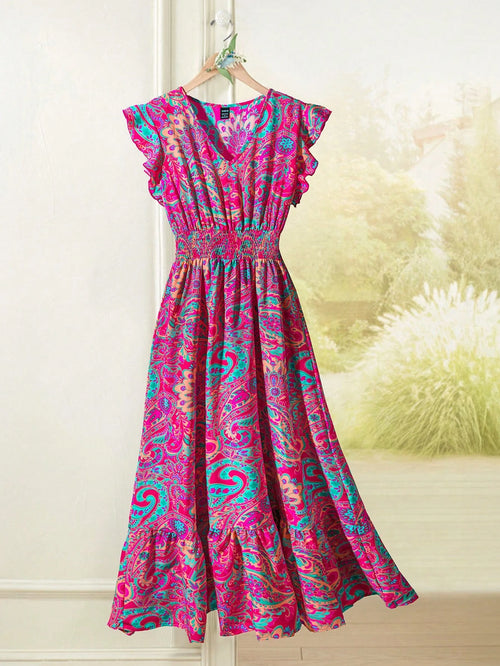 Rusticease Women's Casual Printed V-Neck Summer Holiday Dress With Flutter Sleeves, Pleated Waist And Ruched Hemline,Summer Dresses For Women